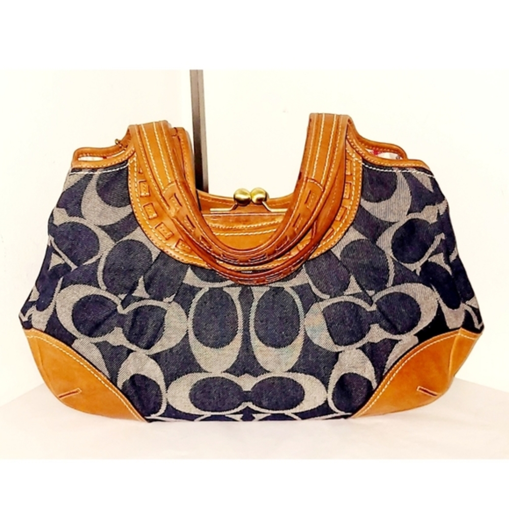 Coach Ergo Tattersall Leather & Signature Denim Satchel - Picture 3 of 9